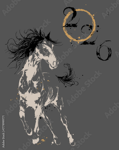 「水墨画風の馬と数字2026 - 干支の年賀グラフィック」