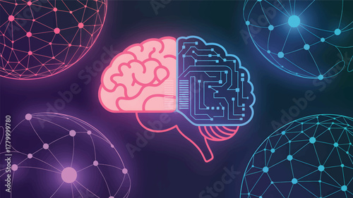 Pink and blue brain with network globes mind technology
