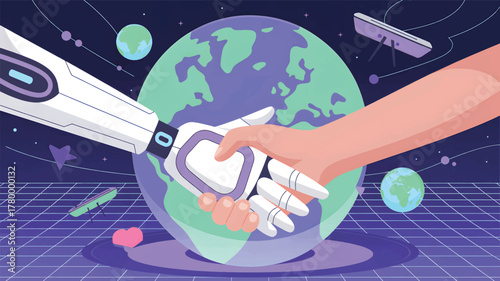 Human and robot shake hands in front of Earth handshake