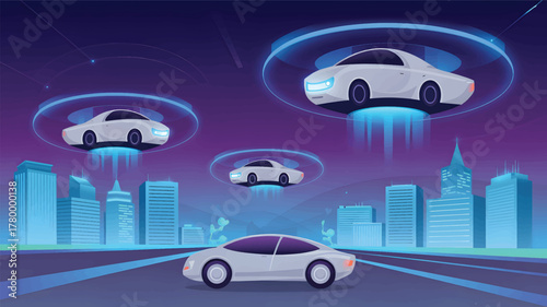 Futuristic white autonomous cars flying over neon city