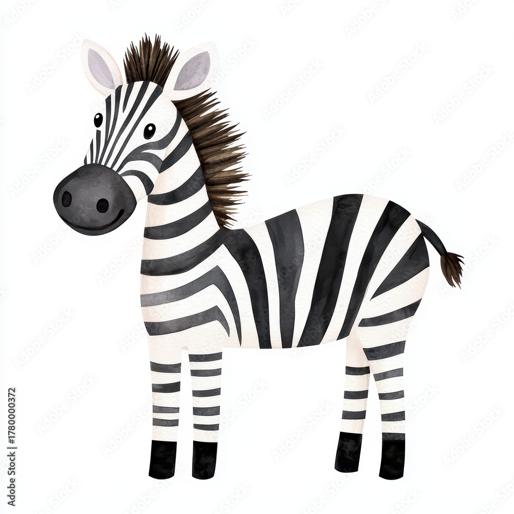 Obraz premium A playful illustration of a zebra with distinctive black and white stripes, featuring a friendly expression and a fluffy mane.