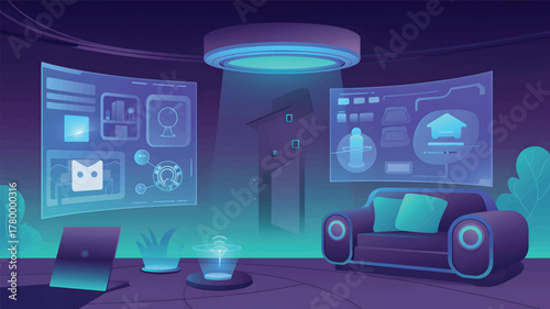 Futuristic living room with holographic displays and modern furniture