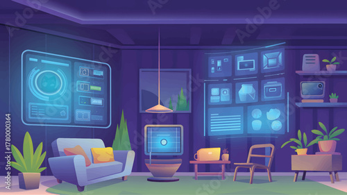 Futuristic living room with glowing blue screens and modern furniture