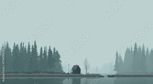 Scenic landscape with cabin and rowboat on a misty lake