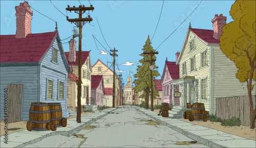 Cartoon-style depiction of a historic town street scene