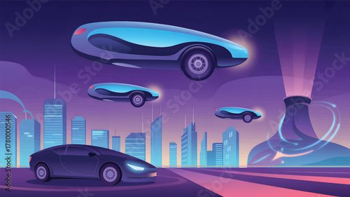 Futuristic city with flying cars and ground vehicles at dusk