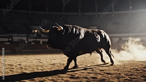 A fierce and powerful fighting bull charges through a dusty Spanish arena, its muscular form illuminated by dramatic spotlights