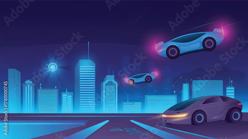 Futuristic city skyline with flying cars at night vector