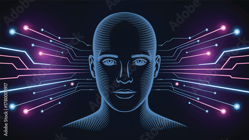 Blue human head with glowing digital circuit lines