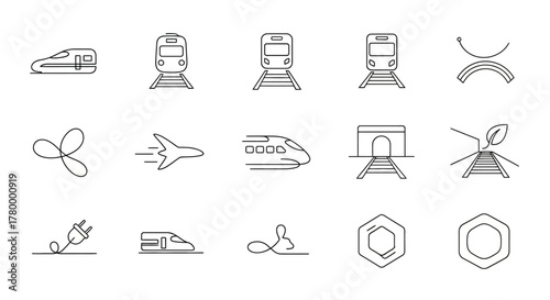 Collection of train and transportation related line icons.