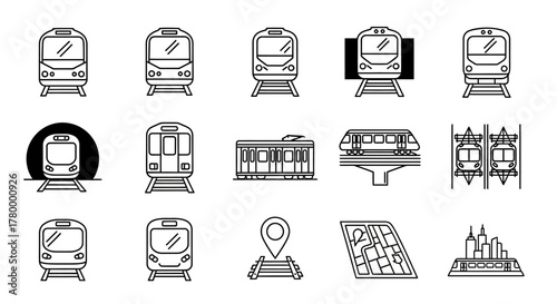 A collection of minimalist black and white line art icons illustrating various train types, subway systems, and urban public transportation elements.