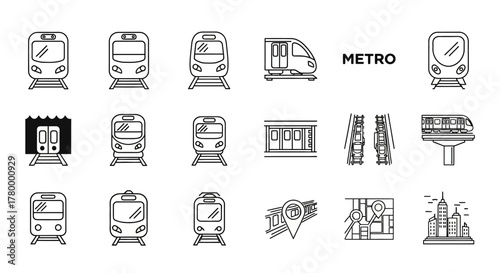 Collection of various metro train icons, including front views, side views, and related elements.