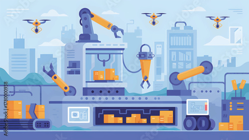 Automated factory with robotic arms and drones automation