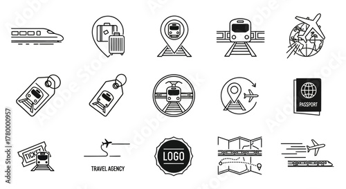 A collection of black and white line art icons representing various aspects of travel and transportation, including trains, airplanes, luggage, passports, tickets, and travel destinations.