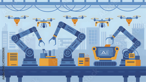 Automated factory production line with drones and robotic arms