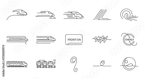 Set of linear icons representing trains and railways.