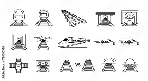 A collection of monochrome line art icons representing trains, railway tracks, tunnels, and other railroad elements.
