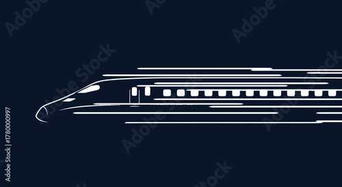 A sleek white outline of a high-speed bullet train moving rapidly, depicted with motion lines on a dark blue background.