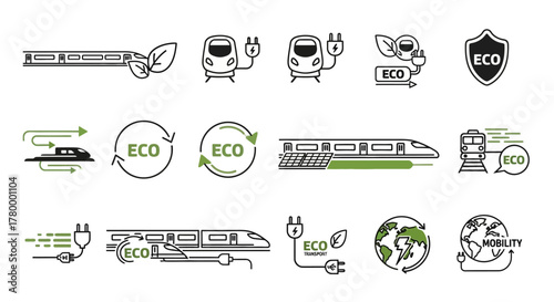 A collection of linear icons illustrating the concept of eco-friendly electric trains and sustainable rail transportation.