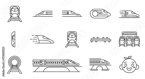 A collection of black and white line art icons depicting various high-speed trains and railway elements.