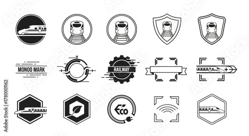 A collection of black and white vector icons and logos related to high-speed rail, railway transport, and eco-friendly technology.