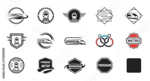 Collection of train and metro themed logo designs in black and white.