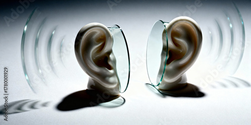 Conceptual image symbolizing willful ignorance and selective hearing through glass-covered ears.