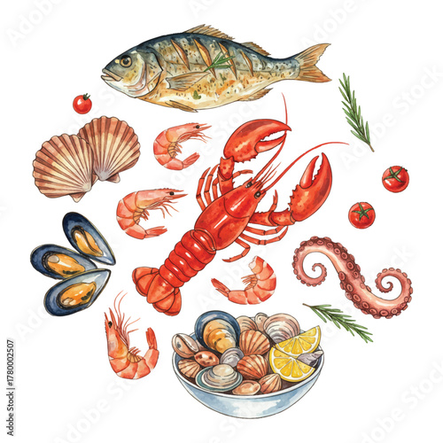 watercolor fresh seafood menu set
