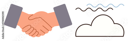 Two hands shaking in agreement, a cloud element, and wavy lines denoting communication. Ideal for collaboration, teamwork, partnership, trust building, connectivity, communication and business