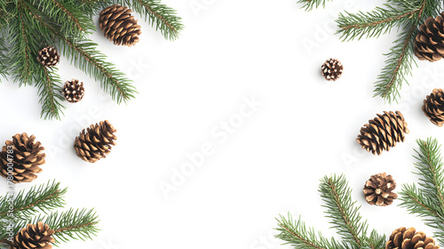 Pine cones and green pine branches arranged together on white background