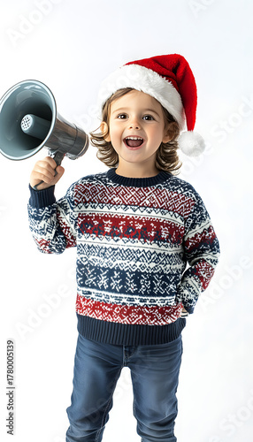Smiling child in a festive Christmas sweater and Santa hat holding a megaphone on a white background