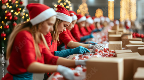 Volunteers Preparing Christmas Food Packages for Those in Need at a Festive Holiday Food Bank Event