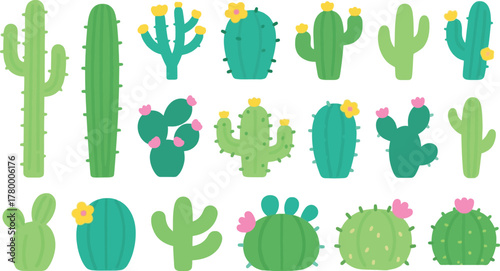Illustrations of cacti and succulents collection for desert theme with flowers. Decorative elements for prints and interior. Trendy cacti set.