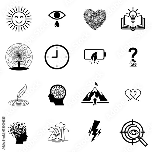 Abstract, Mental, and Life Concepts Icon Set: Inspiration, Time, Communication, and Renewal
