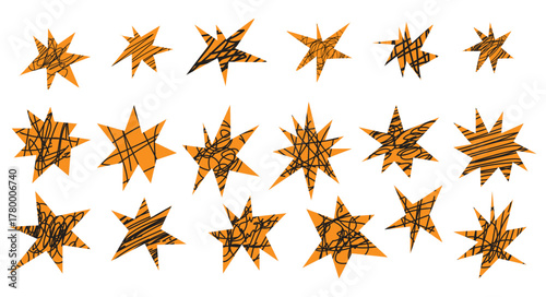 Crayon scribble star shapes set. Hand cut collage paper stars with jagged edges, funky doodles, and rough chalk textures. Kids scrapbook vector elements.