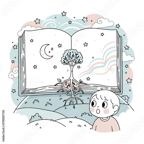 Vector illustration of a curious child looking at an open book with a tree and stars on a whimsical background