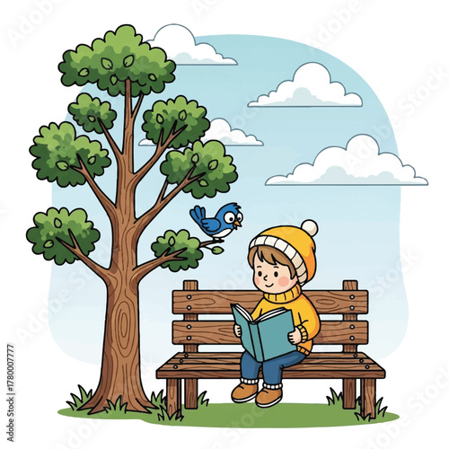 Vector illustration of a child reading a book on a wooden bench under a tree with a blue bird flying nearby in a sunny park.