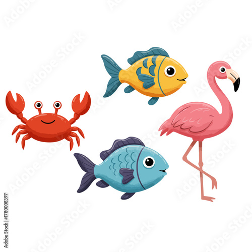 Cute Cartoon Crab, Tropical Fish, and Flamingo Set