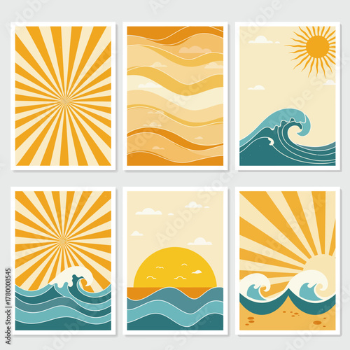 Retro Summer Poster Set: Vintage Wall Art Collection with Sunbursts, Ocean Waves, and Abstract Desert Landscapes