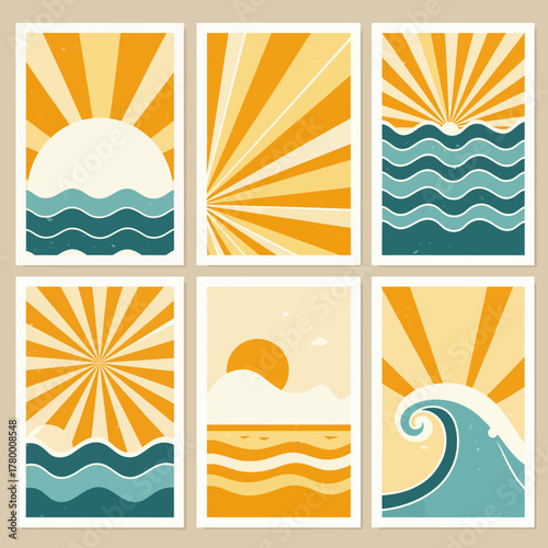Retro Summer Poster Set: Sun, Rays, and Ocean Waves