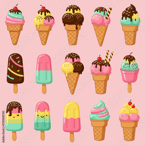 Cartoon Ice Cream Cones and Popsicles Collection on Pink Background