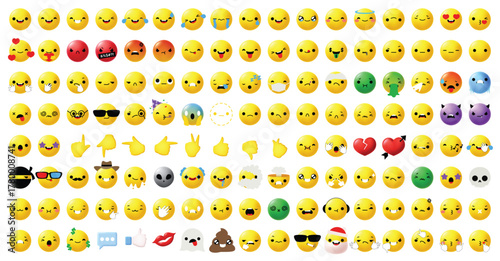 Emoji emoticon character clipart set. Yellow emojis icon clip art with facial expressions like cute, laughing, happy, cry, cheerful, in love, angry, funny, annoyed, fever and hand gesture flat smiley 