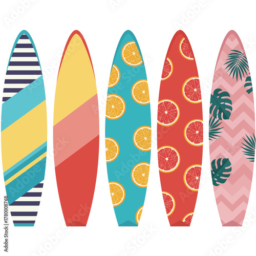 Flat Design Collection of Five Tropical Summer Surfboards