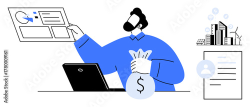 Professional analyzing data on laptop, holding money bag, growth charts, profile icon, green energy building. Ideal for business, finance, profitability, investment sustainability economy success