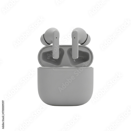 Sleek matte grey wireless earbuds with silicone tips resting in their open compact charging case.