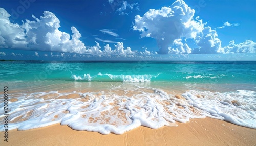Fototapeta Naklejka Na Ścianę i Meble -  Aerial View Of Wooden Overwater Bungalows Above Crystal Blue Waters In The Maldives With White Clouds And Bright Sunlight