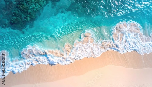 Aerial View Of Turquoise Ocean Waves Crashing On A Sandy Beach With White Foam Under Bright Sunlight