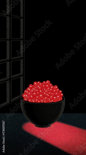 Red marbles in a black bowl illuminated by soft light against a dark background