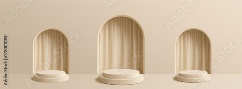 A minimal, elegant background with three beige podiums in arched niches with curtains.