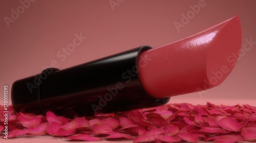 Elegant Pink Lipstick on Petals Background for Beauty and Cosmetic Promotion